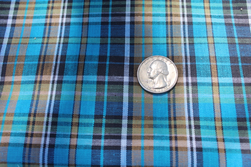 photo of 60s 70s vintage fabric, poly cotton blend plaid woven aqua, navy blue, drab green #3