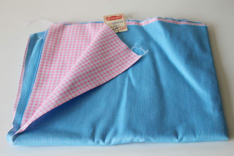 photo of 60s 70s vintage fabric, reversible denim, retro blue to neon pink & white houndstooth, original remnant tag  #1