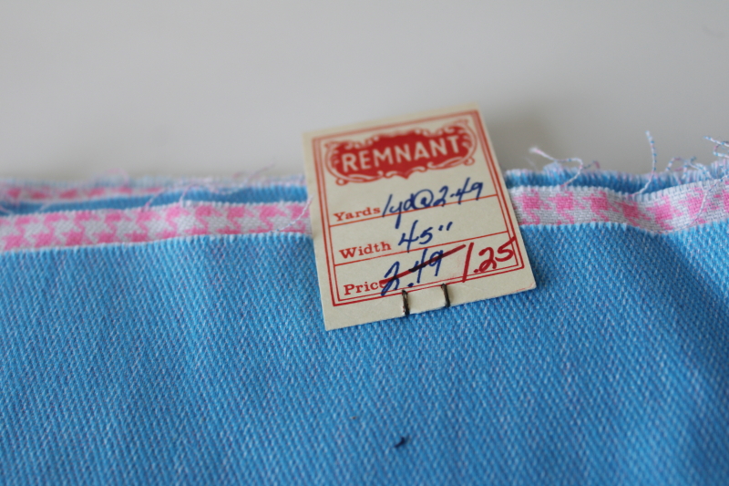 photo of 60s 70s vintage fabric, reversible denim, retro blue to neon pink & white houndstooth, original remnant tag  #2