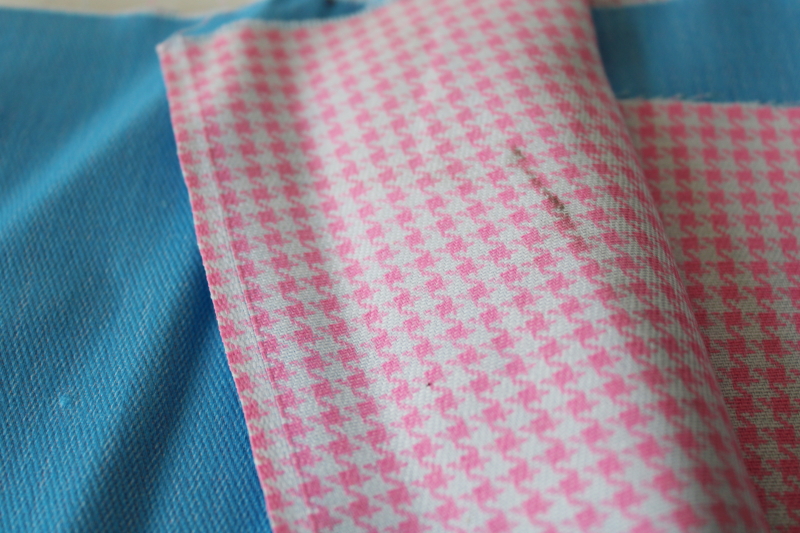 photo of 60s 70s vintage fabric, reversible denim, retro blue to neon pink & white houndstooth, original remnant tag  #3