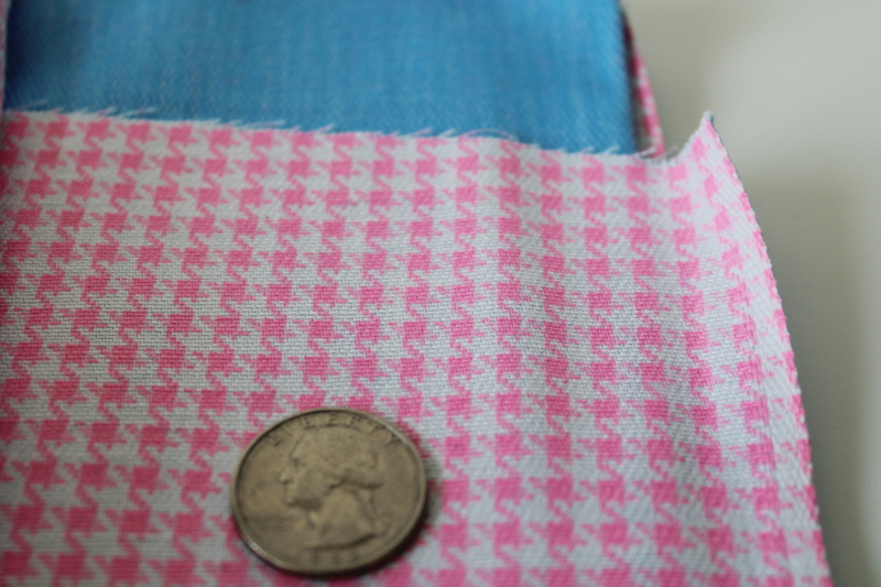 photo of 60s 70s vintage fabric, reversible denim, retro blue to neon pink & white houndstooth, original remnant tag  #4