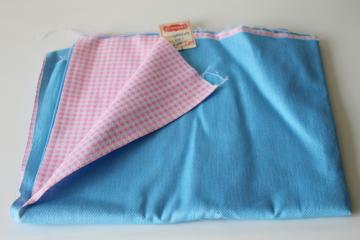 catalog photo of 60s 70s vintage fabric, reversible denim, retro blue to neon pink & white houndstooth, original remnant tag 