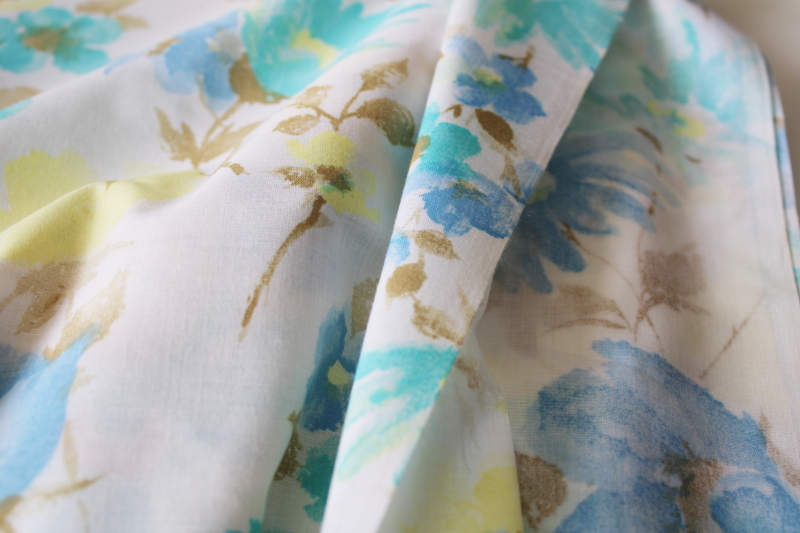 photo of 60s 70s vintage fabric, soft smooth cotton w/ watercolor floral cool colors blue aqua #1