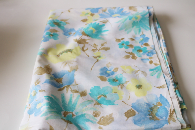 photo of 60s 70s vintage fabric, soft smooth cotton w/ watercolor floral cool colors blue aqua #2