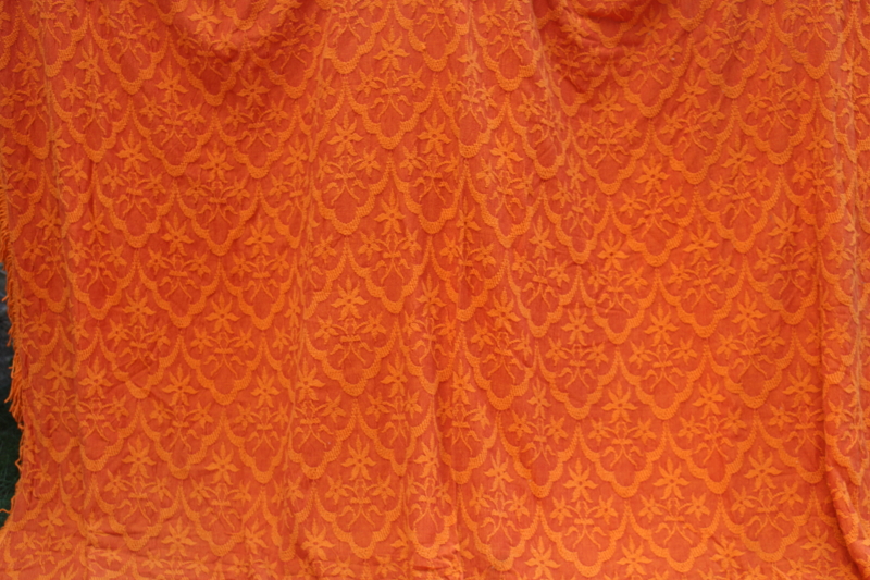 photo of 60s 70s vintage flame orange bedspread, soft heavy woven cotton fabric w/ fringe  #1