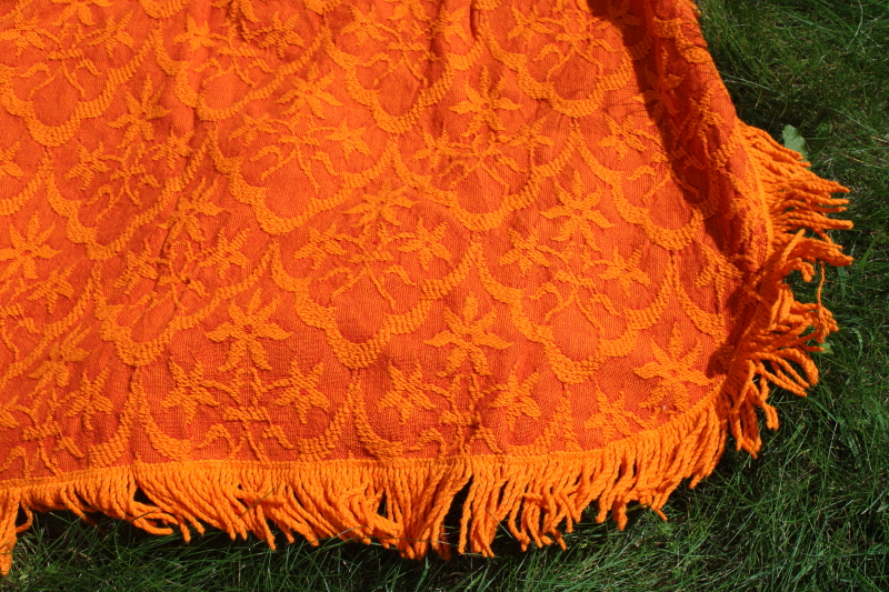 photo of 60s 70s vintage flame orange bedspread, soft heavy woven cotton fabric w/ fringe  #2