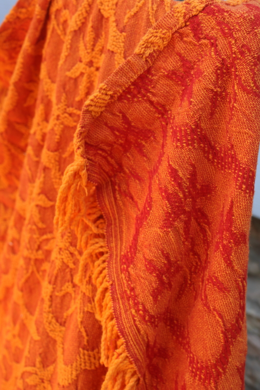 photo of 60s 70s vintage flame orange bedspread, soft heavy woven cotton fabric w/ fringe  #3