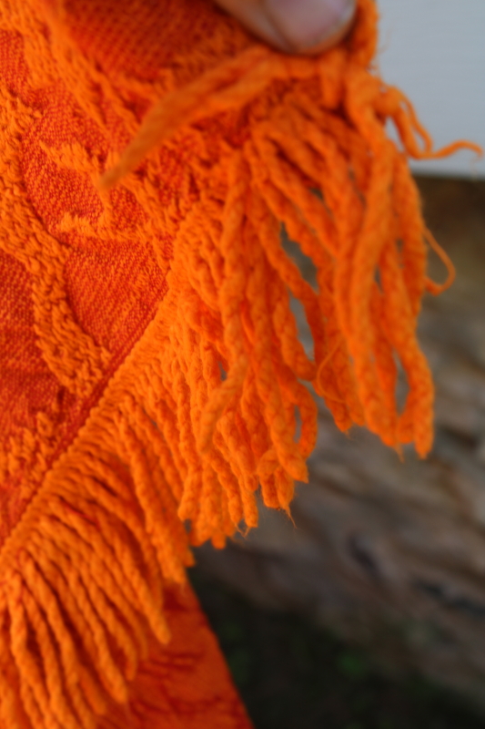 photo of 60s 70s vintage flame orange bedspread, soft heavy woven cotton fabric w/ fringe  #4