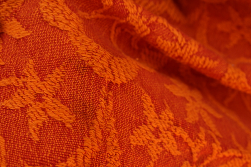 photo of 60s 70s vintage flame orange bedspread, soft heavy woven cotton fabric w/ fringe  #5