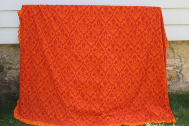 photo of 60s 70s vintage flame orange bedspread, soft heavy woven cotton fabric w/ fringe  #7