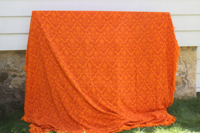 photo of 60s 70s vintage flame orange bedspread, soft heavy woven cotton fabric w/ fringe  #8