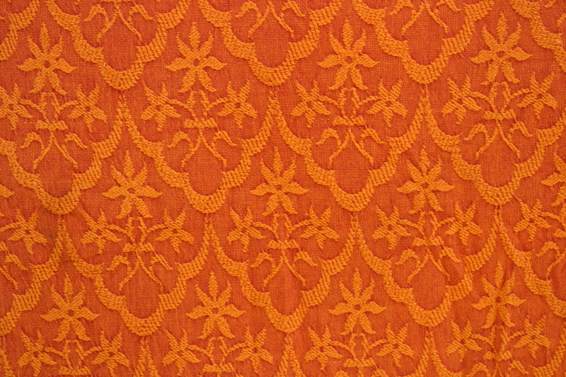 photo of 60s 70s vintage flame orange bedspread, soft heavy woven cotton fabric w/ fringe  #9