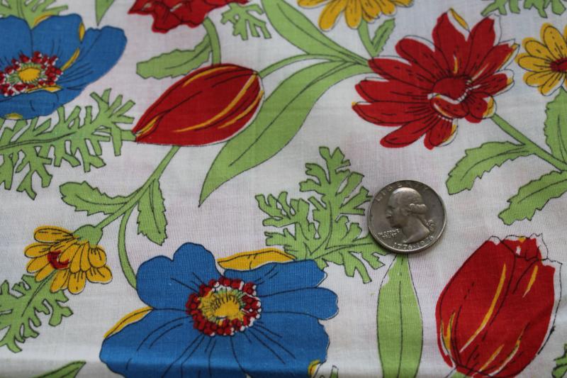 photo of 60s 70s vintage floral print cotton fabric, red blue yellow flowers on white #3