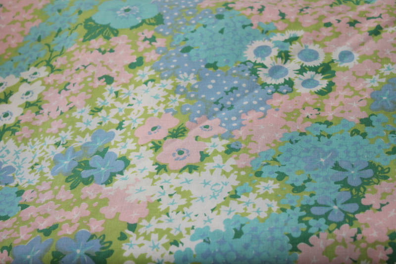 photo of 60s 70s vintage flowered bed sheets twin size, blue pink aqua green floral Penneys label poly cotton fabric #2