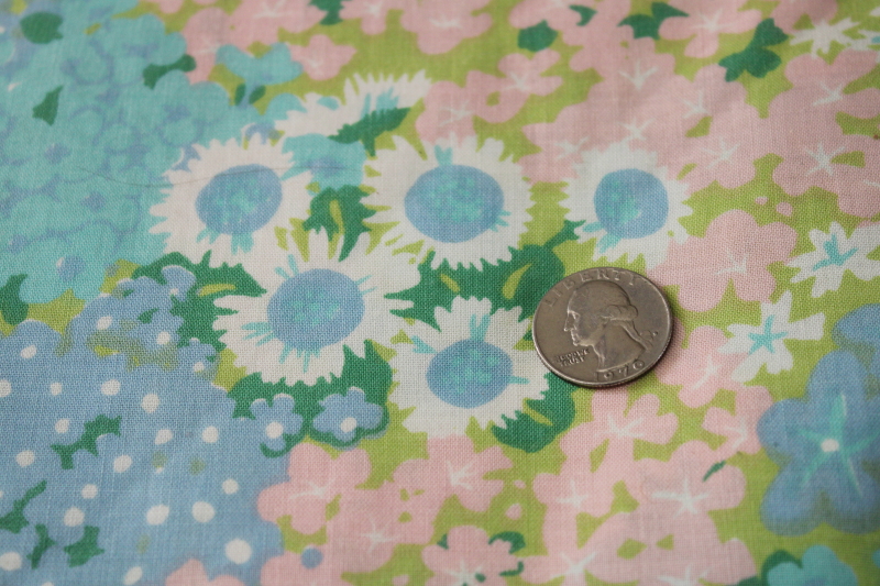 photo of 60s 70s vintage flowered bed sheets twin size, blue pink aqua green floral Penneys label poly cotton fabric #3