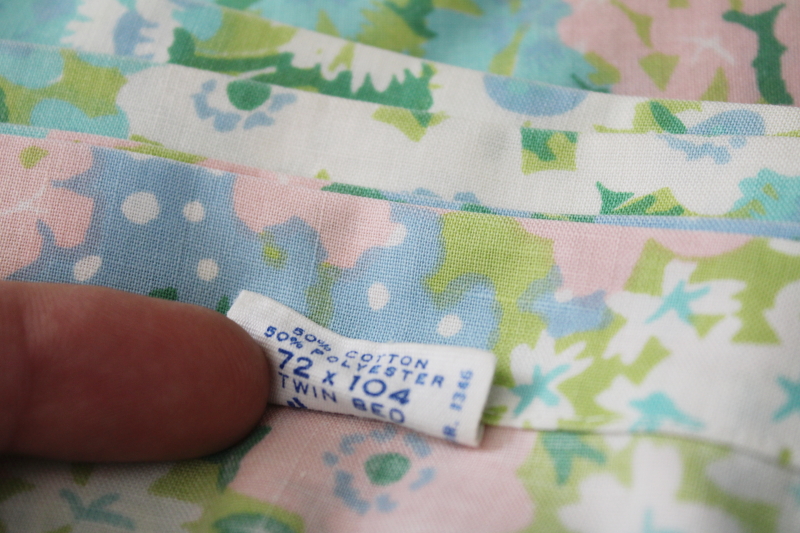photo of 60s 70s vintage flowered bed sheets twin size, blue pink aqua green floral Penneys label poly cotton fabric #8