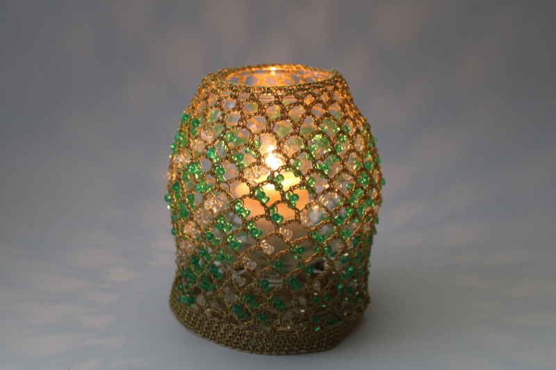 photo of 60s 70s vintage glass candle jar w/ beaded crochet lace lantern cover, boho decor #1