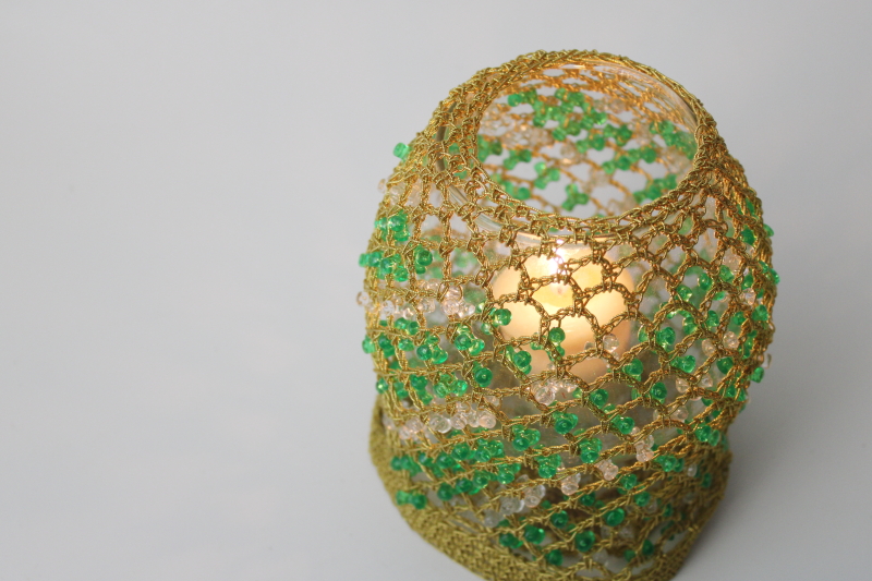 photo of 60s 70s vintage glass candle jar w/ beaded crochet lace lantern cover, boho decor #2