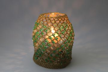 catalog photo of 60s 70s vintage glass candle jar w/ beaded crochet lace lantern cover, boho decor