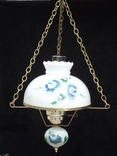 photo of 60s 70s vintage hanging lamp swag light, hand-painted milk glass shade #1