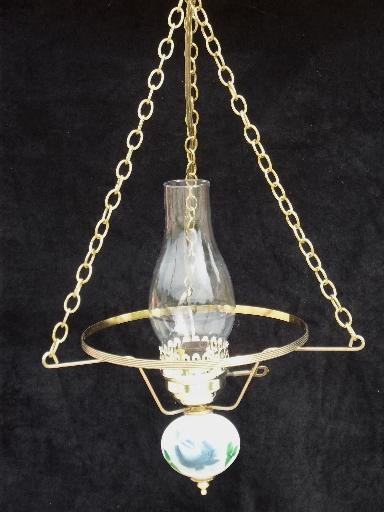 60s 70s vintage hanging lamp swag light, hand-painted milk glass shade