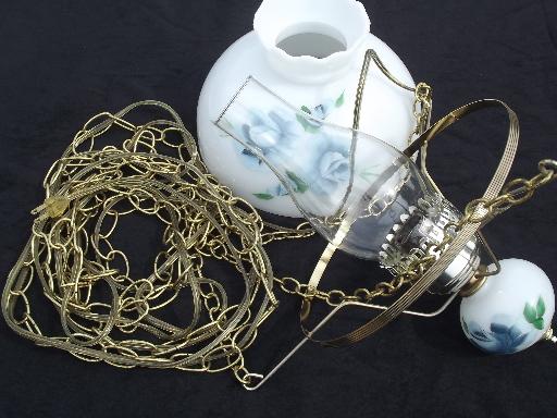 photo of 60s 70s vintage hanging lamp swag light, hand-painted milk glass shade #6