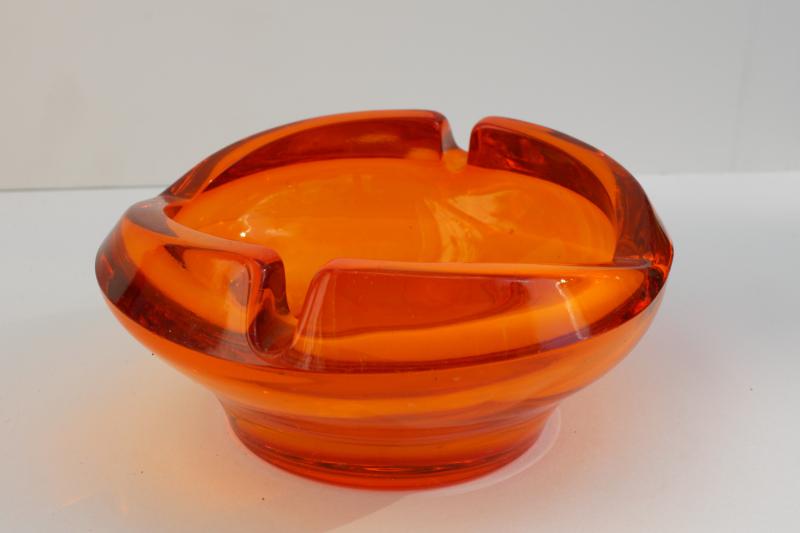 photo of 60s 70s vintage heavy art glass ashtray, mid-century mod Viking glass in orange #1