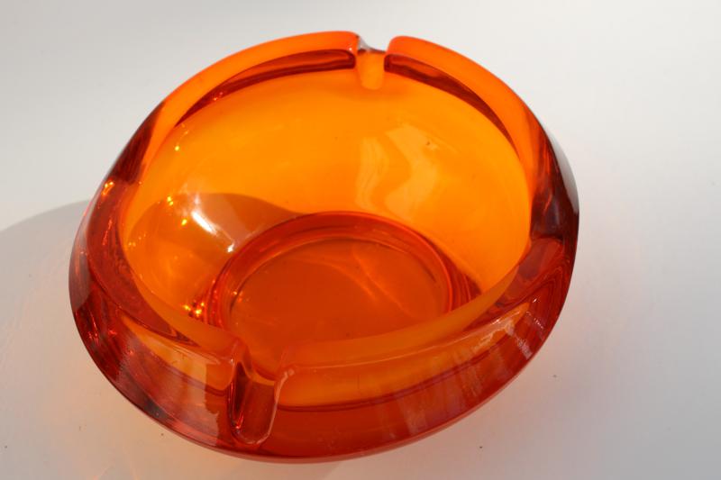 photo of 60s 70s vintage heavy art glass ashtray, mid-century mod Viking glass in orange #4