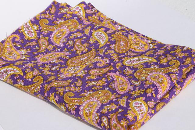 photo of 60s 70s vintage linen weave fabric, retro paisley print royal purple & yellow gold #3