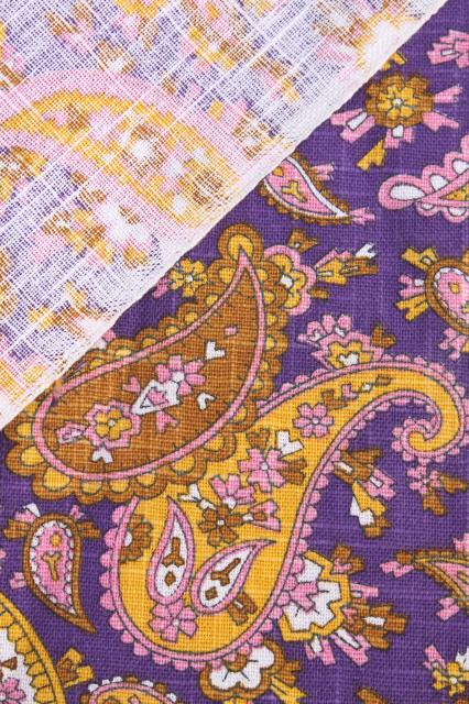 photo of 60s 70s vintage linen weave fabric, retro paisley print royal purple & yellow gold #4