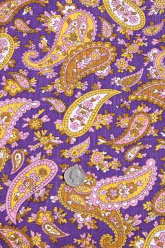 catalog photo of 60s 70s vintage linen weave fabric, retro paisley print royal purple & yellow gold