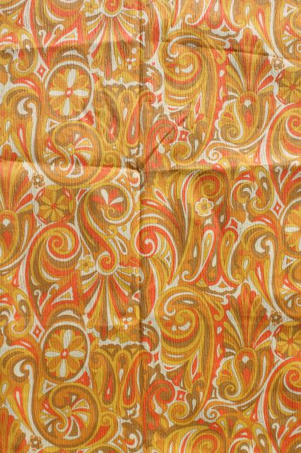 photo of 60s 70s vintage mod orange & yellow paisley swirls print crinkle cotton fabric #1
