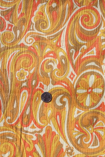photo of 60s 70s vintage mod orange & yellow paisley swirls print crinkle cotton fabric #2