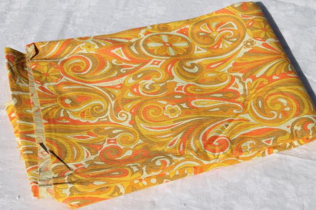 photo of 60s 70s vintage mod orange & yellow paisley swirls print crinkle cotton fabric #4
