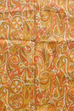 catalog photo of 60s 70s vintage mod orange & yellow paisley swirls print crinkle cotton fabric