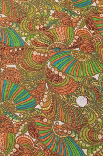 photo of 60s 70s vintage paisley print cotton fabric, mustard gold, orange, green #1