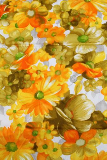 photo of 60s 70s vintage poly crepe fabric w/ retro yellow orange daisy floral print #1