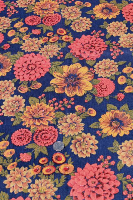 photo of 60s 70s vintage print fabric, zinnias in gold & russet orange on navy blue #1