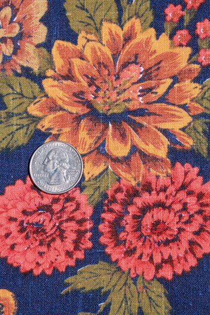 photo of 60s 70s vintage print fabric, zinnias in gold & russet orange on navy blue #2