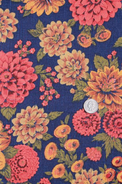 photo of 60s 70s vintage print fabric, zinnias in gold & russet orange on navy blue #3