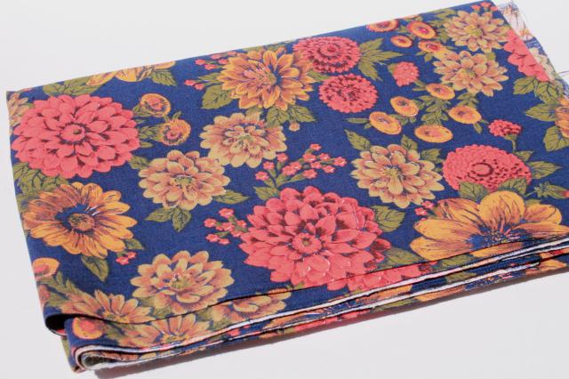 photo of 60s 70s vintage print fabric, zinnias in gold & russet orange on navy blue #4