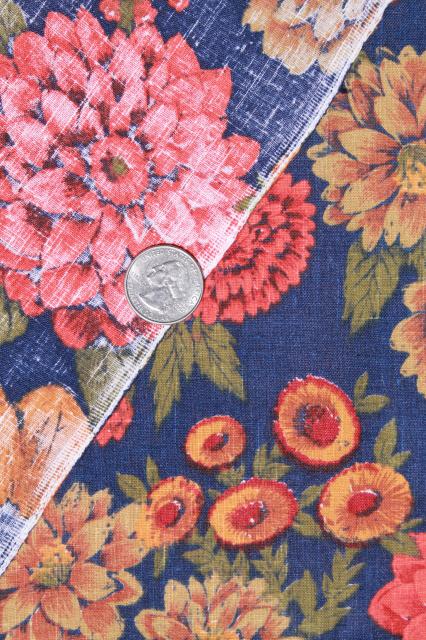 photo of 60s 70s vintage print fabric, zinnias in gold & russet orange on navy blue #5