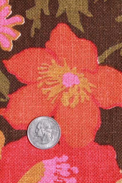 photo of 60s 70s vintage print linen weave cotton fabric, bright daisies & flowers on brown #2