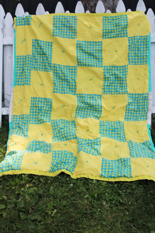 photo of 60s 70s vintage quilt beach blanket, bright aqua & yellow gingham check patchwork block #1