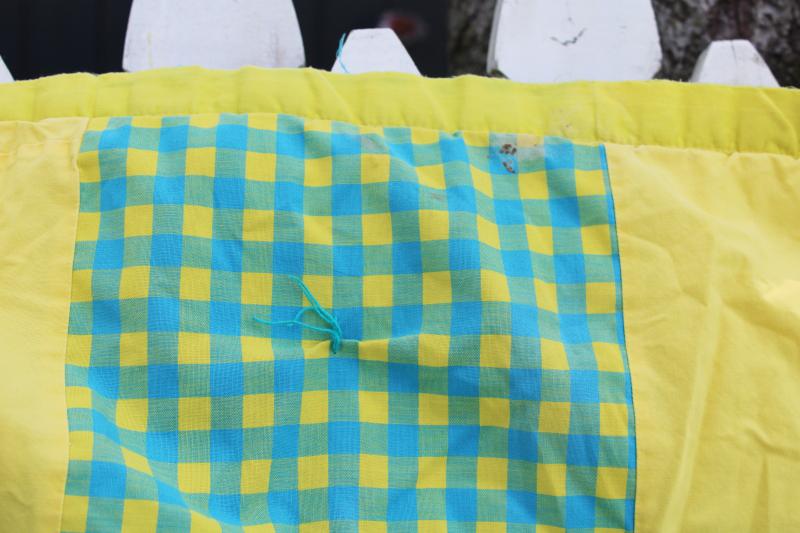 photo of 60s 70s vintage quilt beach blanket, bright aqua & yellow gingham check patchwork block #3