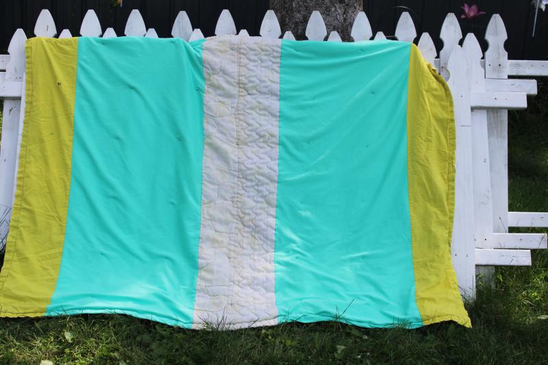 photo of 60s 70s vintage quilt beach blanket, bright aqua & yellow gingham check patchwork block #6