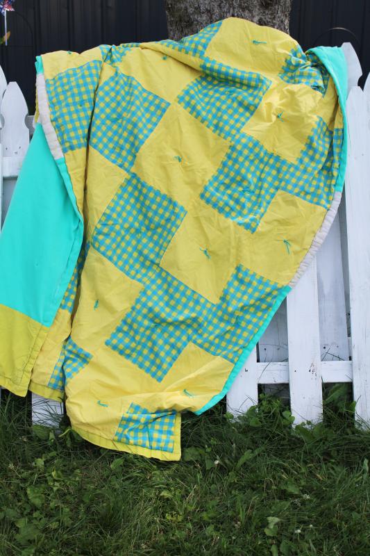 photo of 60s 70s vintage quilt beach blanket, bright aqua & yellow gingham check patchwork block #9