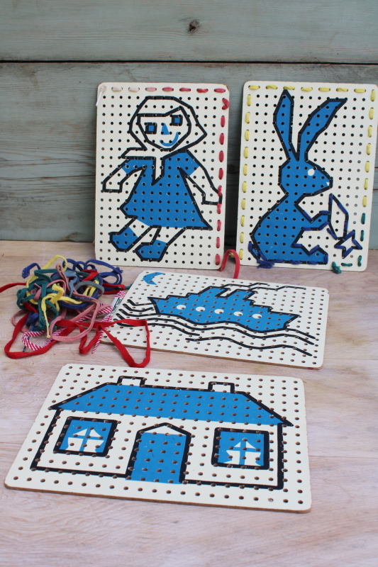 photo of 60s 70s vintage sewing cards, hardboard pictures w/ cotton laces, lacing manipulative play #1