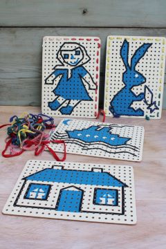 catalog photo of 60s 70s vintage sewing cards, hardboard pictures w/ cotton laces, lacing manipulative play