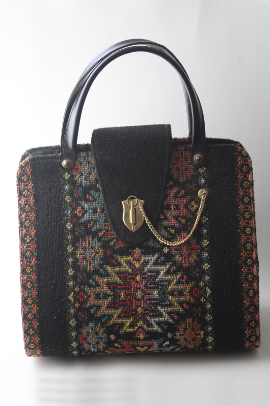 photo of 60s 70s vintage tapestry needlepoint purse, jewel colors on black kilim style large handbag #1